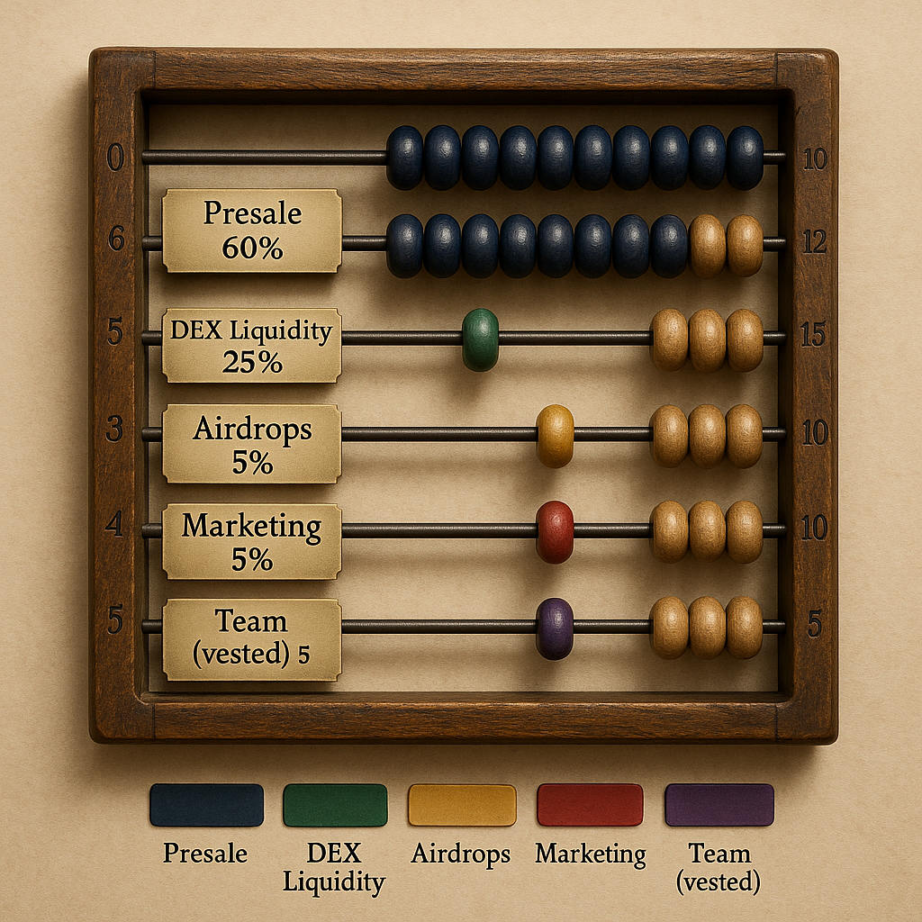 Old wooden abacus showing ABC token allocations: Presale 60%, DEX Liquidity 25%, Airdrops 5%, Marketing 5%, Team 5%.